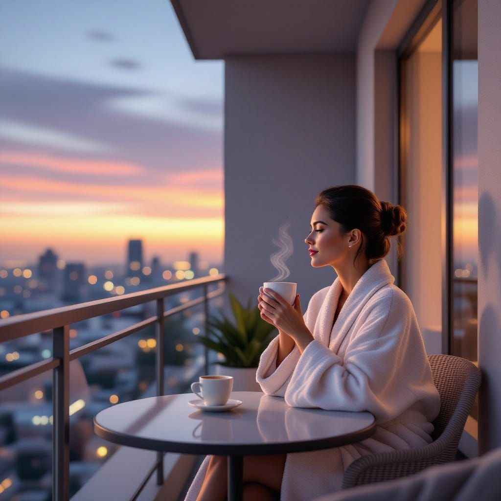 Woman Sips Coffee On Balcony At Dawn, Painterly Style