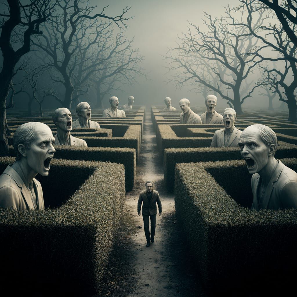 Creepy Garden Maze with Distorted Statues