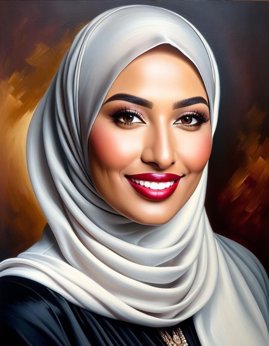 Elegant Portrait of Woman in Hijab as Oil Painting