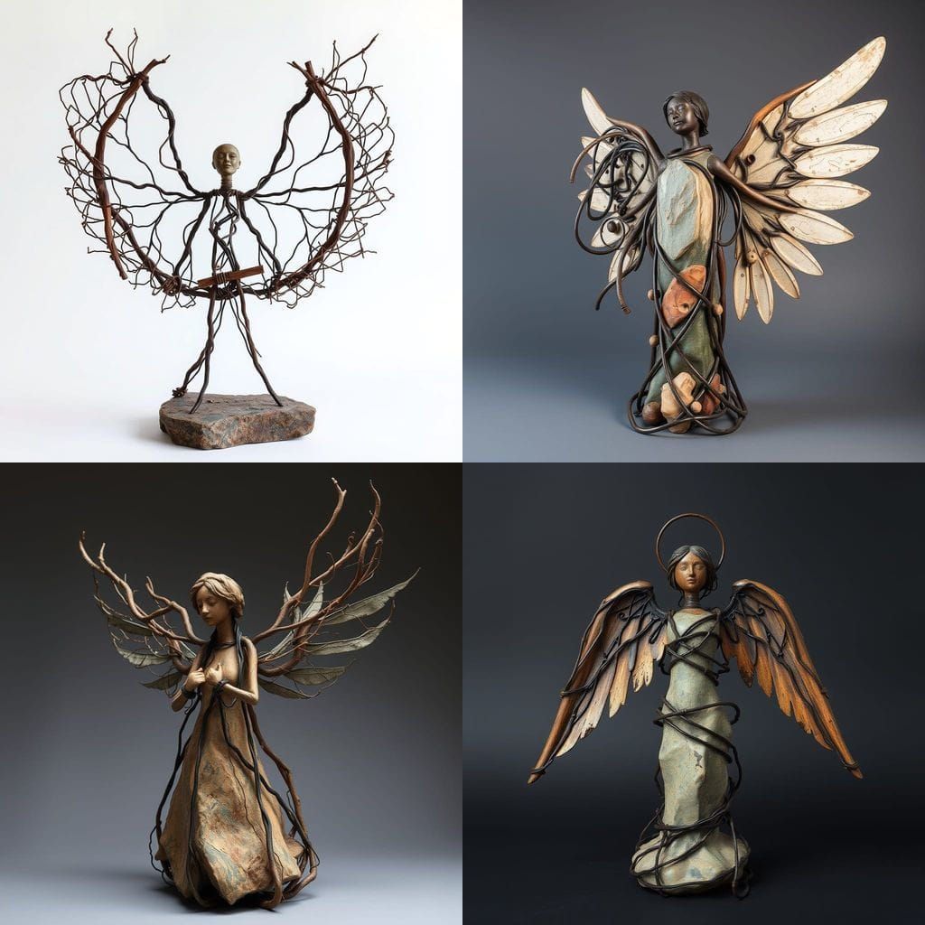 Tormented Angel Sculpture in Twisted Metal, Wood, and Stone