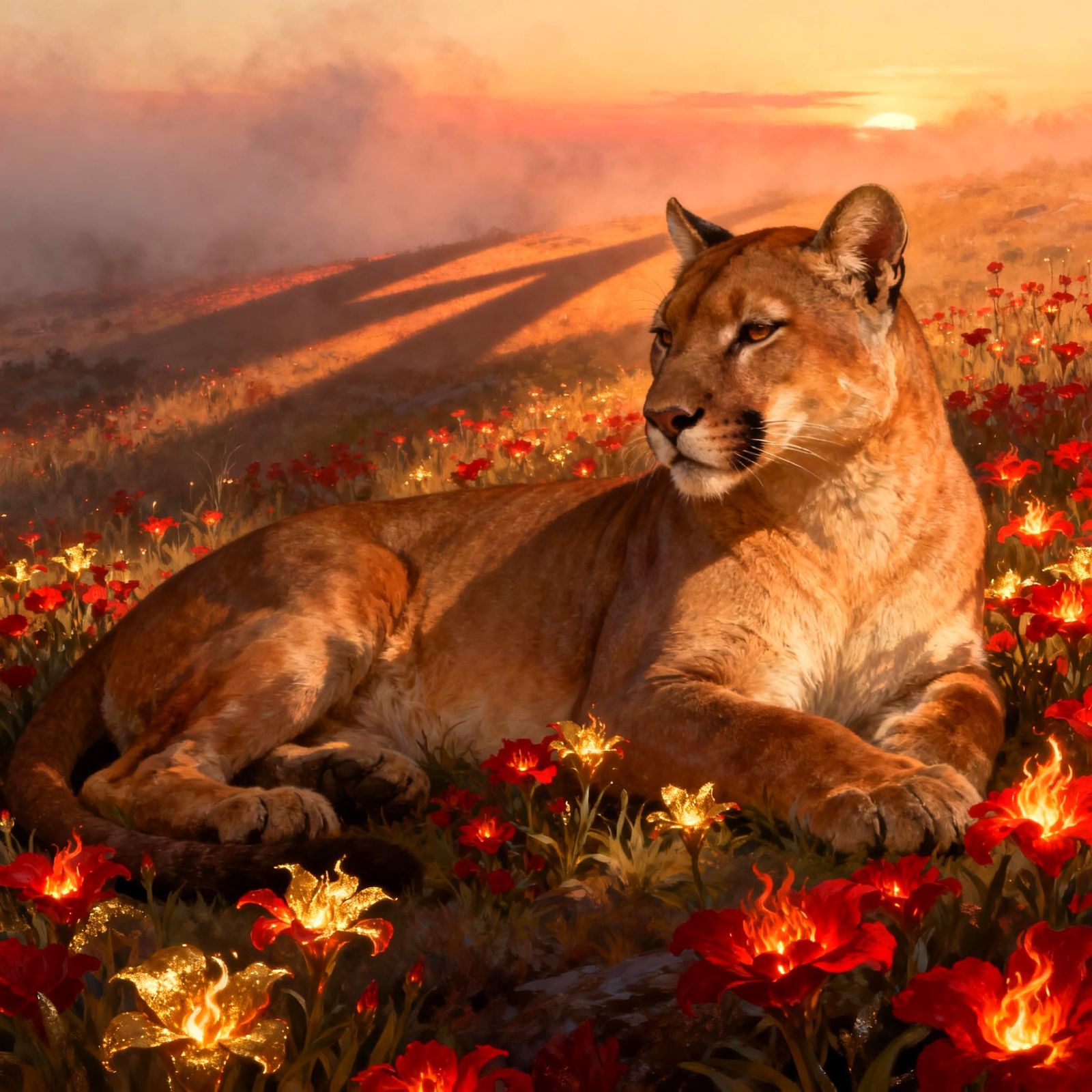 Mountain Lion Resting in Fireglow Flowers Field