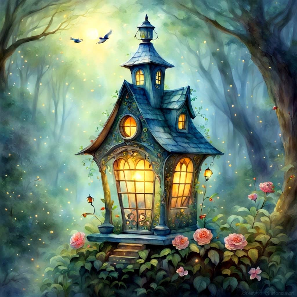 Victorian Birdhouse in Watercolor Fantasy Style