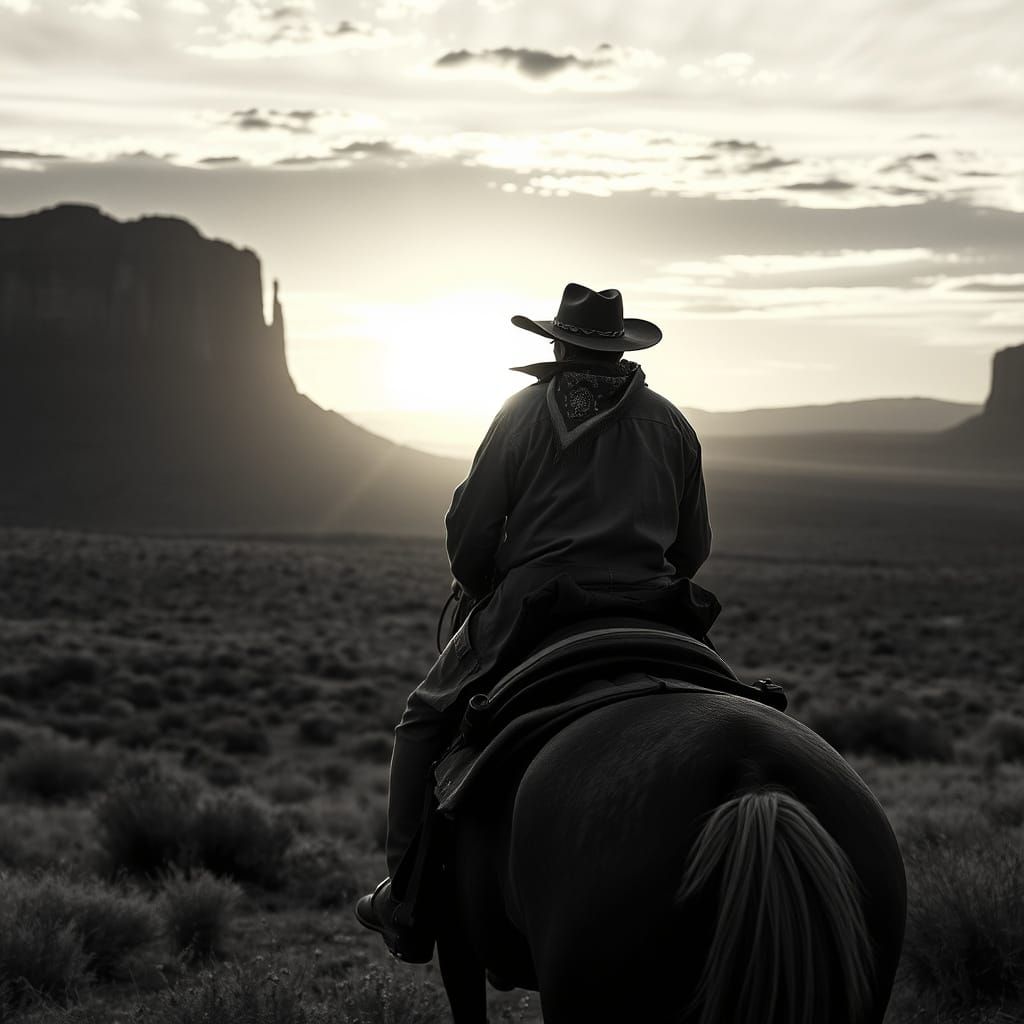 Cowboy Rides Off into Golden Sunset in Moody Grayscale
