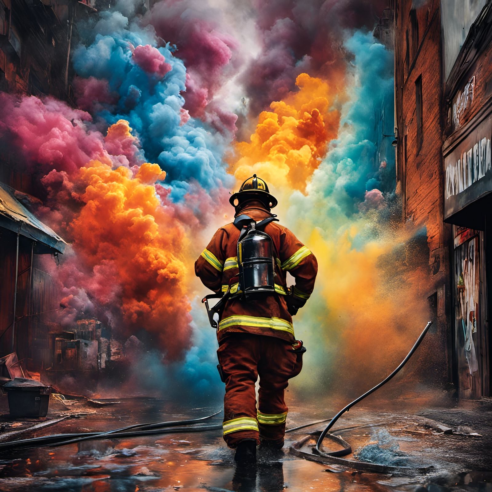 Firefighter Versus Flame Monster in Graffiti Art Style