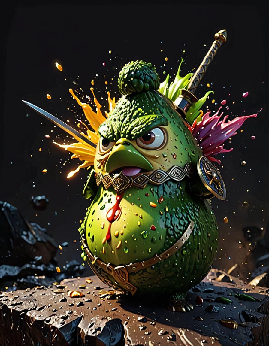Avocado Warrior in Elaborate Splash Art Style