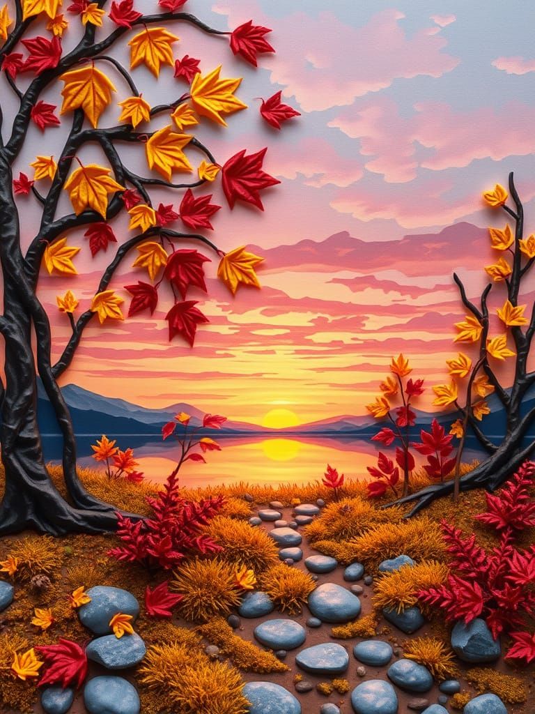 Plasticine Autumn Landscape with Suspended Leaves