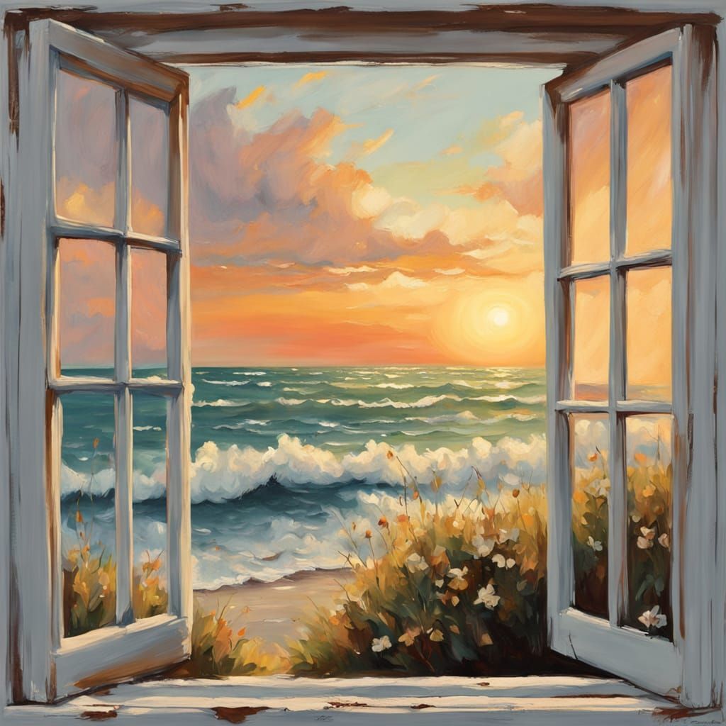 A Distressed Window Frame Swings Open to a Serene Ocean Suns...