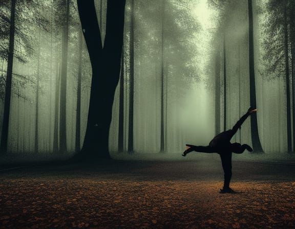 Breakdancer in Dark Forest: Vintage Horror Photograph