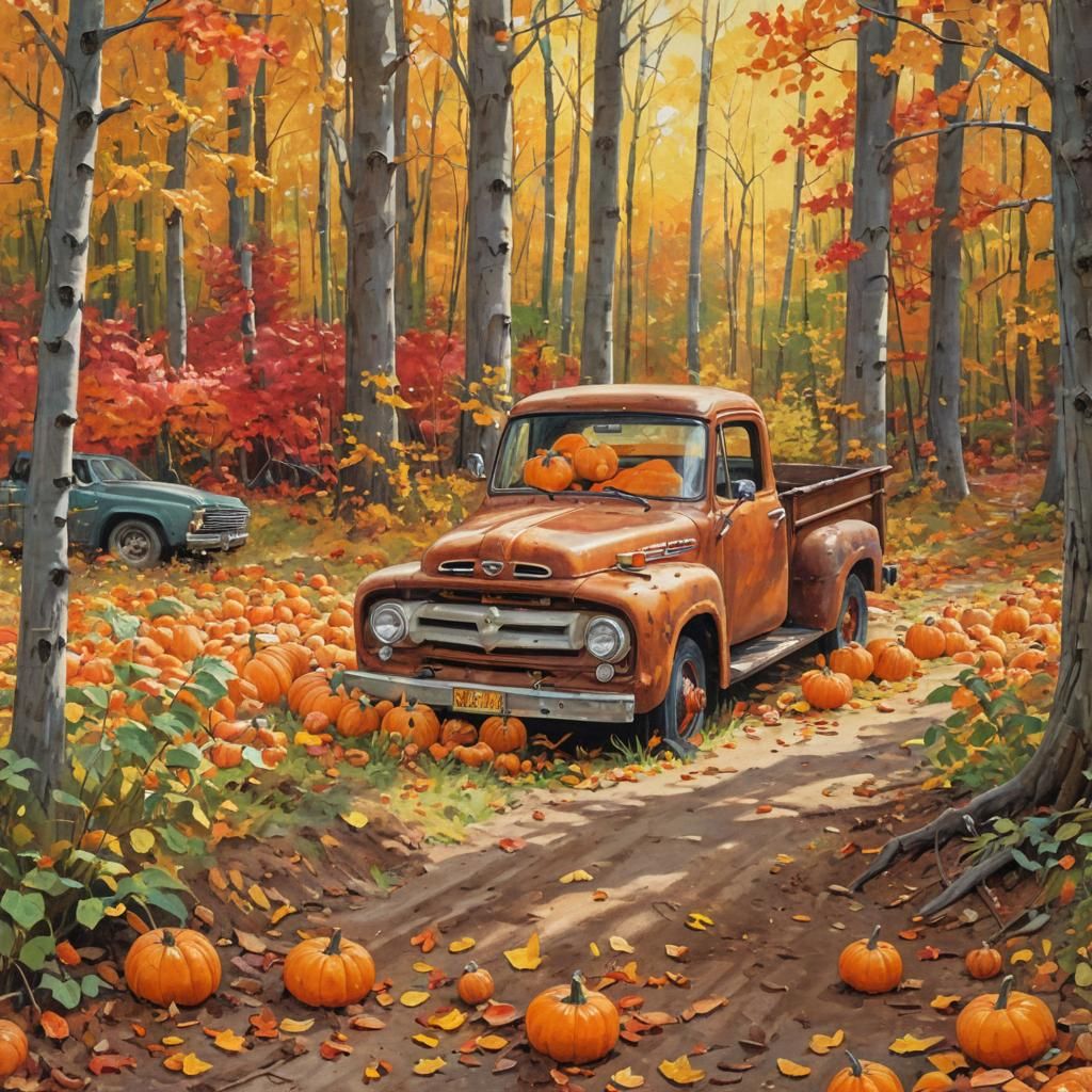 Rusty Ford Pickup Truck Full of Pumpkins in Gouache Style