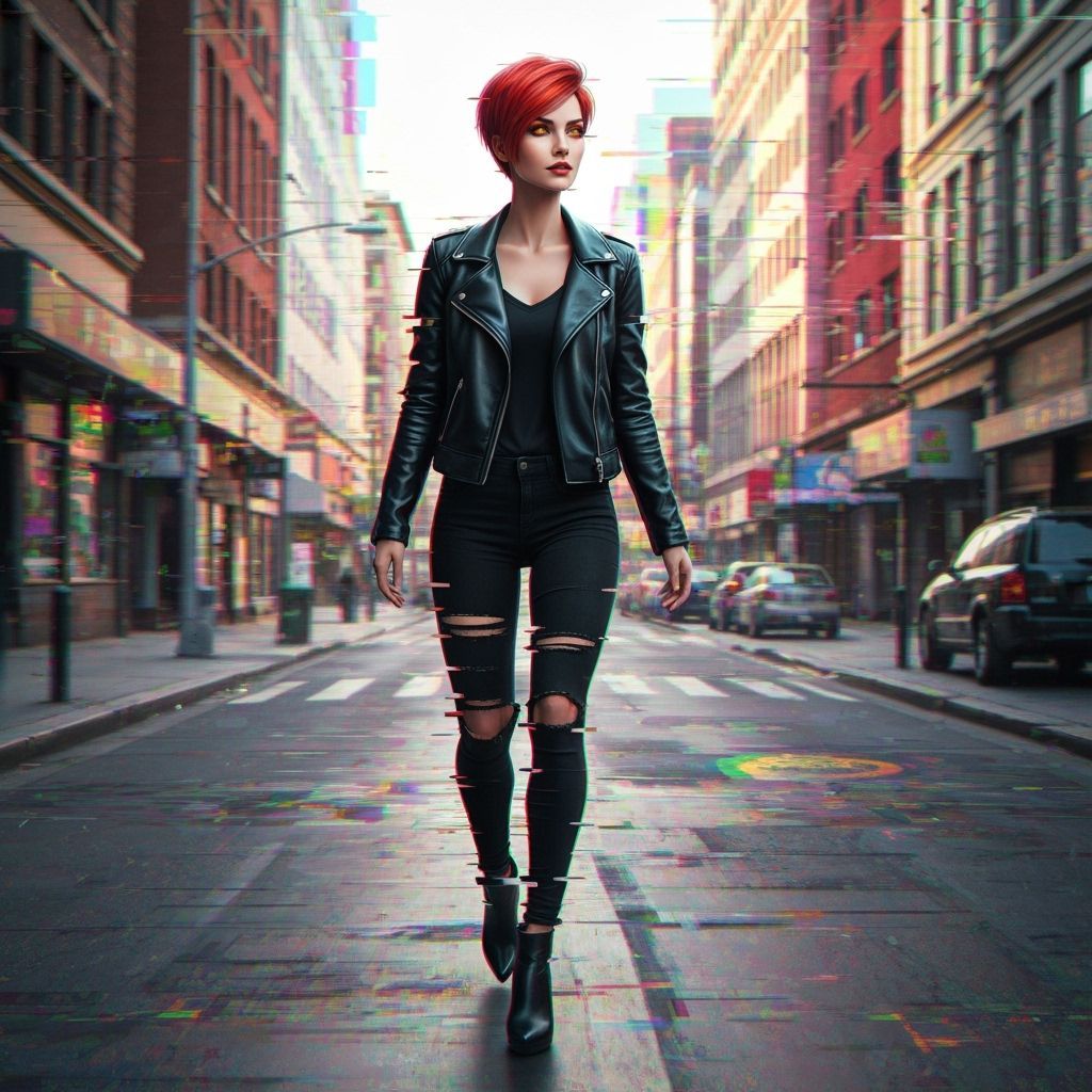 Elegant Woman in Glitchcore Cityscape Portrait