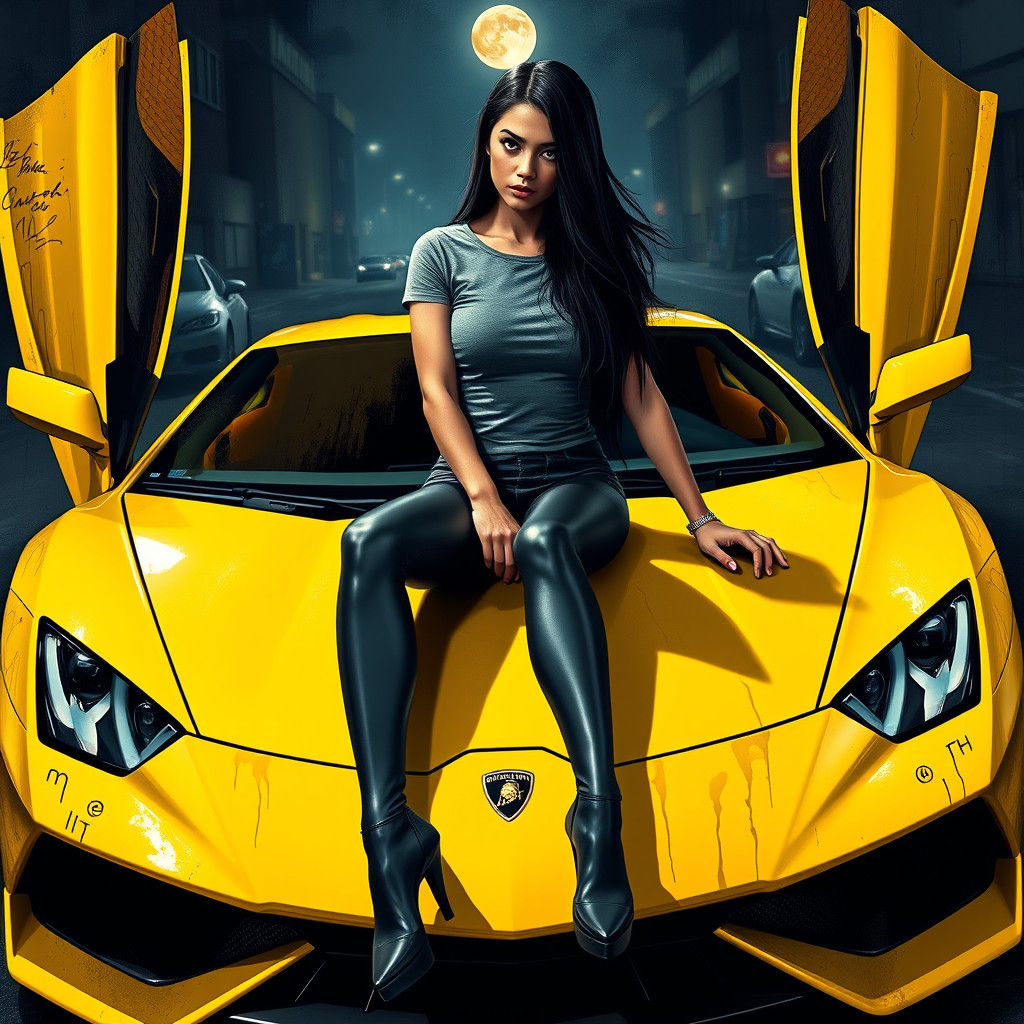Canary Yellow Lamborghini at Night, Graffiti Art Style
