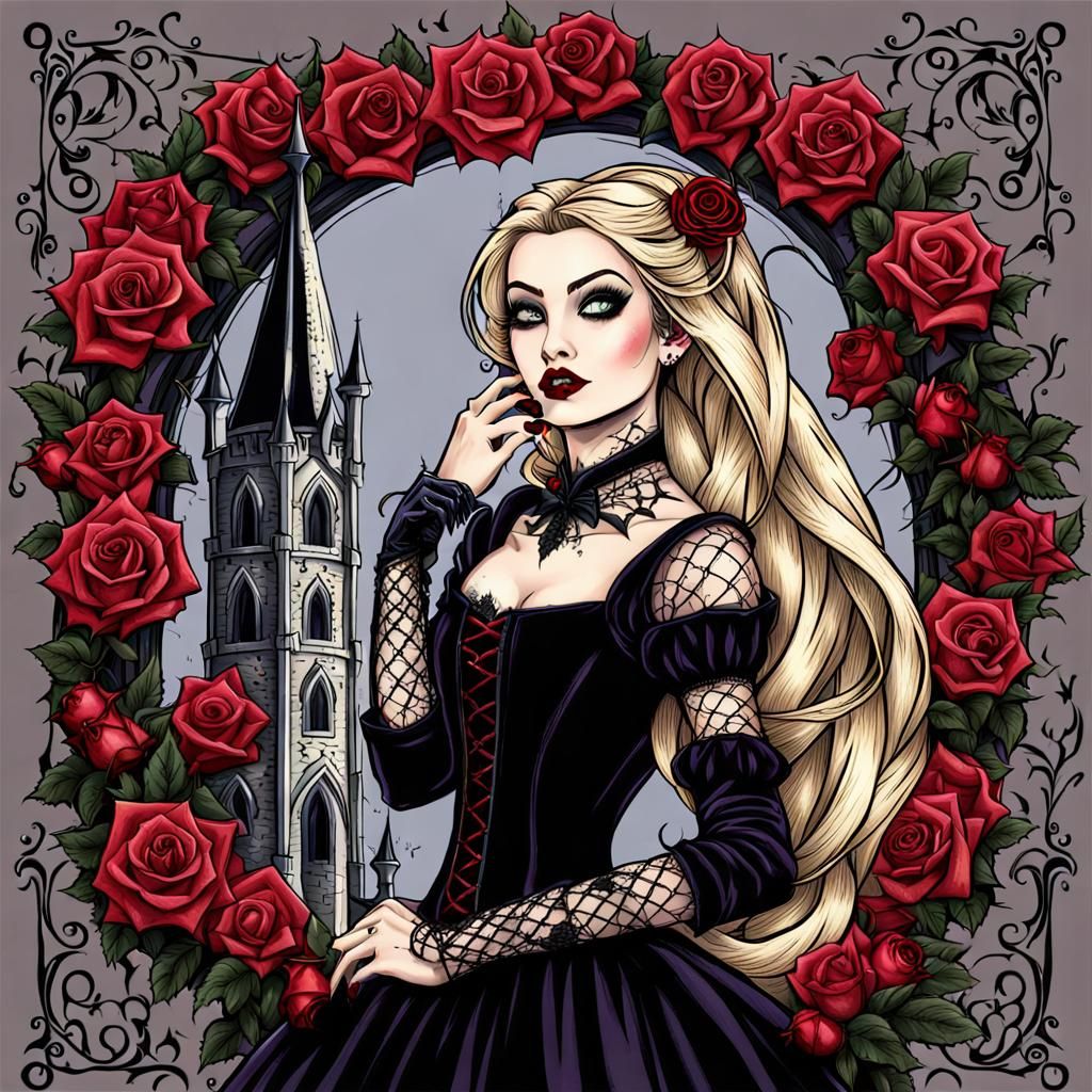 Gothic Pinup Rapunzel with tower thorns and roses
