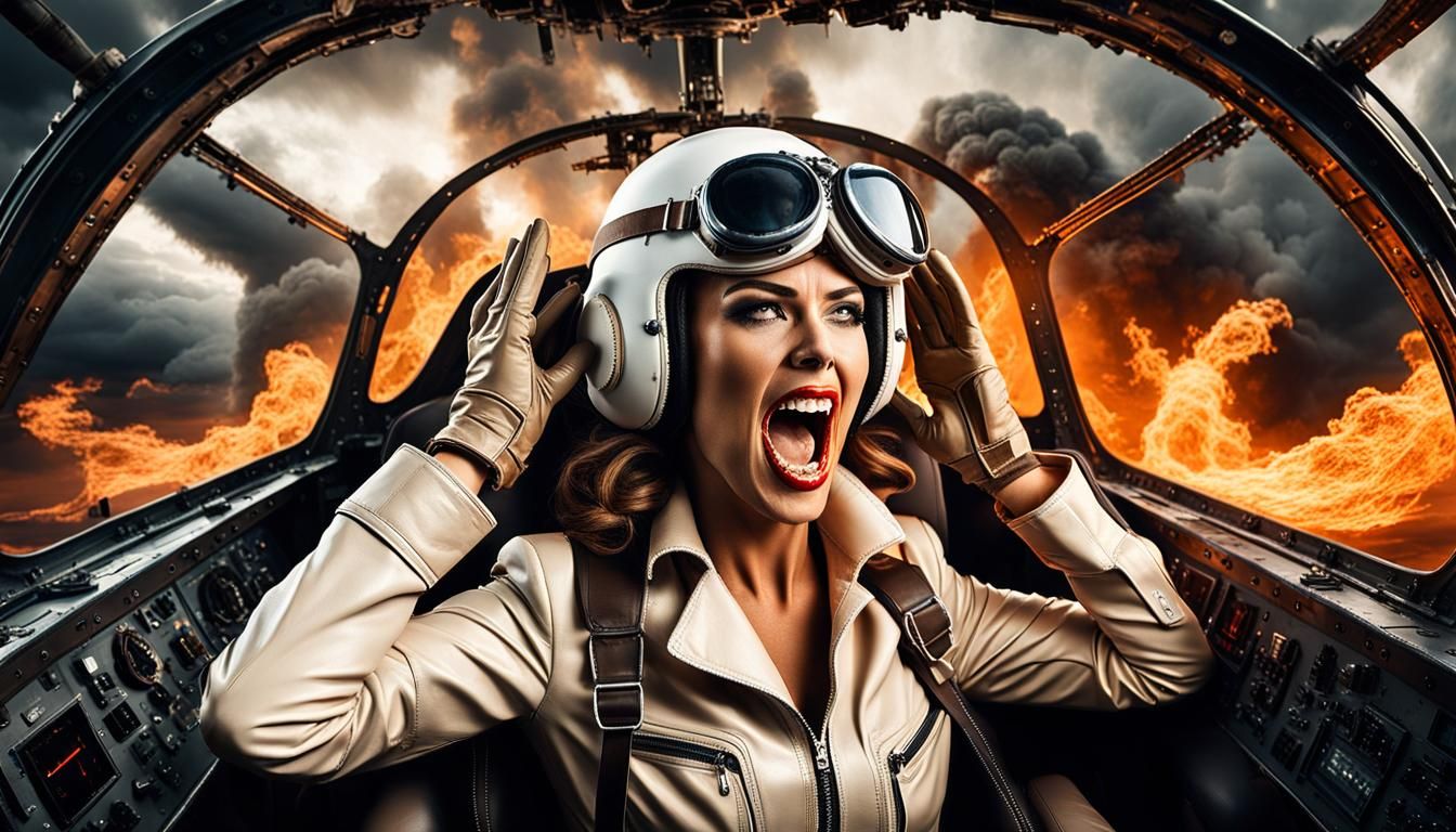 Woman in Burning Cockpit: Sci-Fi Cinematic Scene