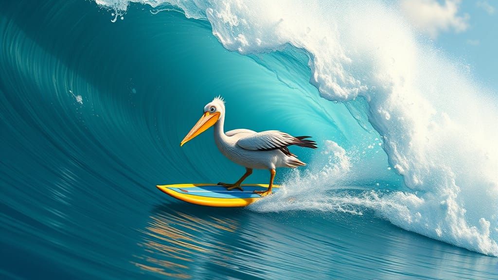 Pelican Surfer on a Wave in Dreamworks Style