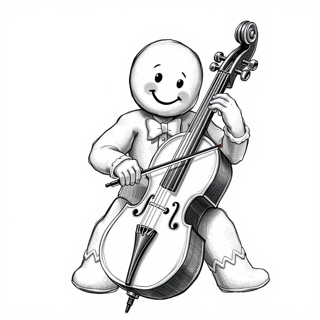 Gingerbread Man Plays the Cello in Bold Black and White