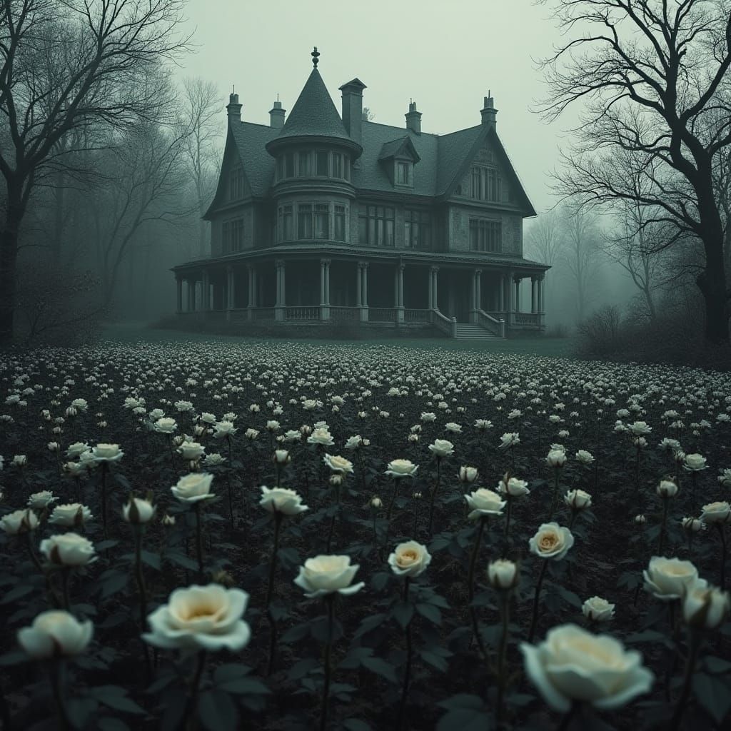 Creepy Mansion Shrouded in a Haunting Black and White Rose G...