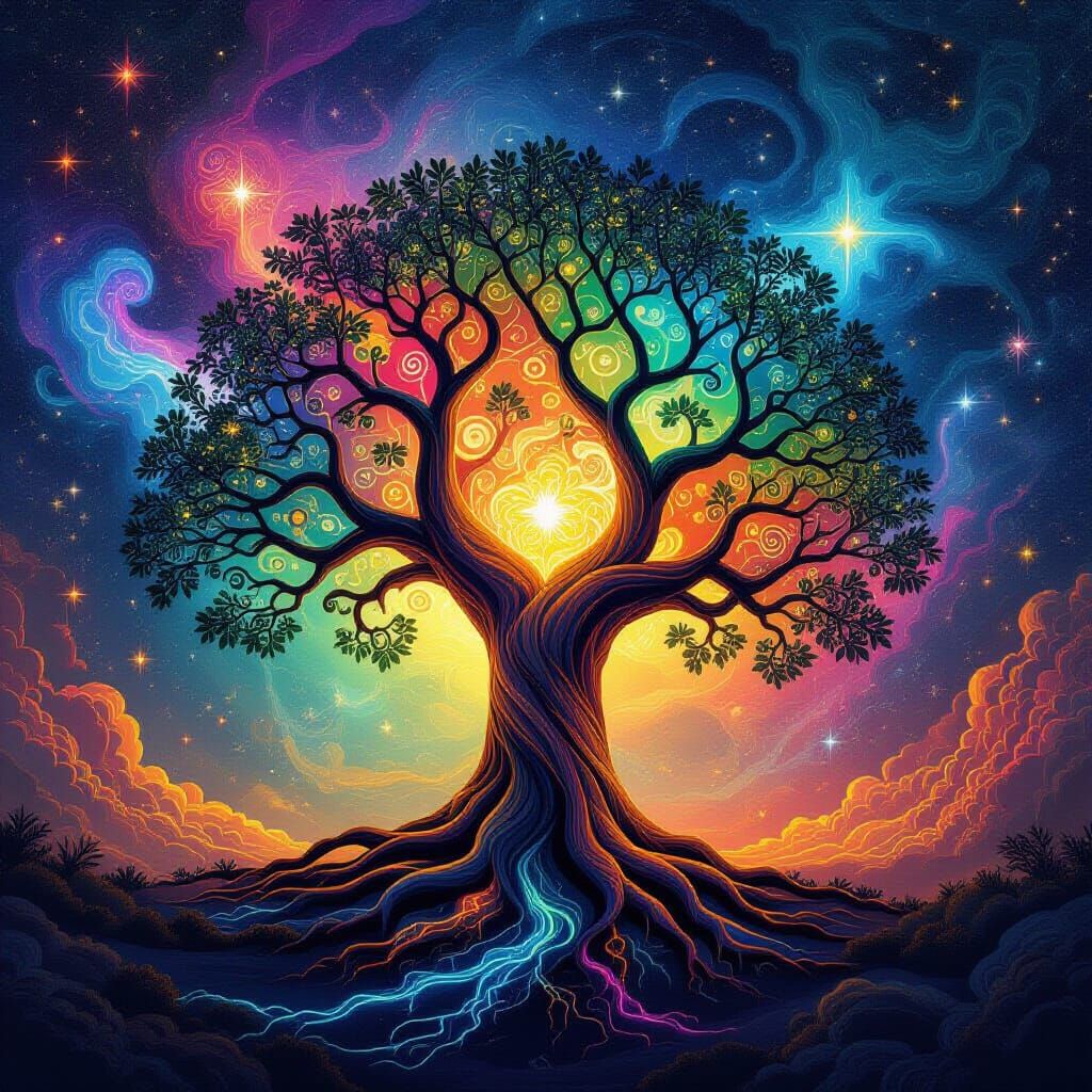 Cosmic Tree of Life in Psychedelic Nebula