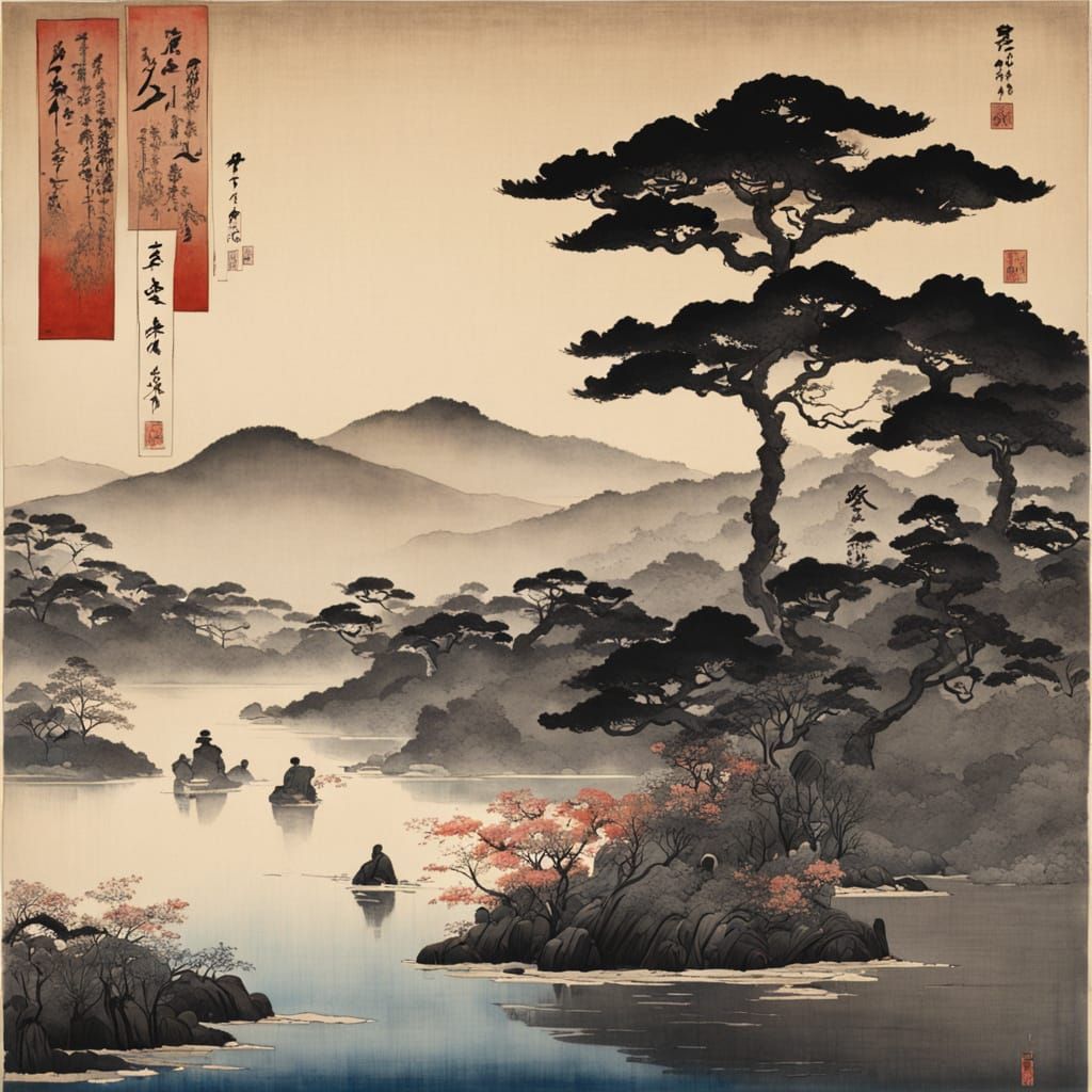 Japanese Dawn in Ukiyo-e Style: Ink and Graphite