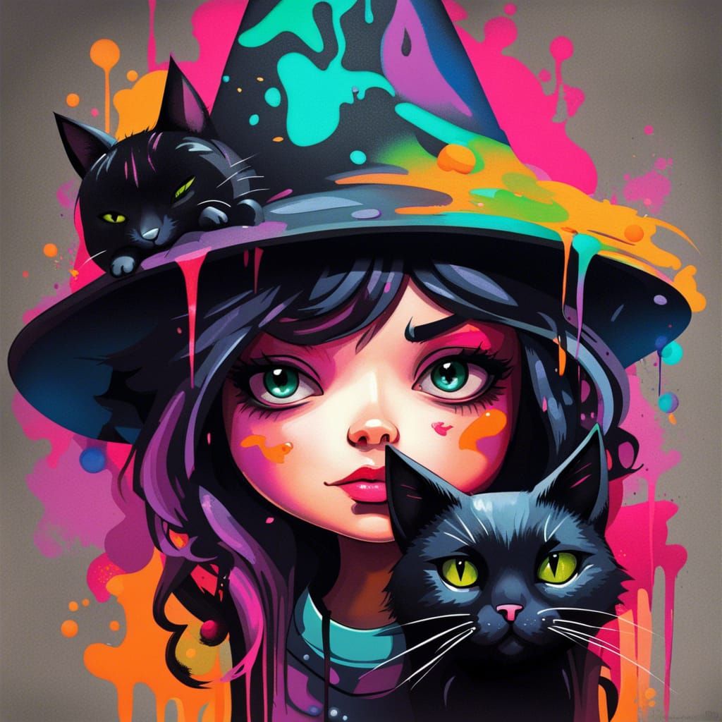 Cute Witch and Black Cat in Graffiti Art