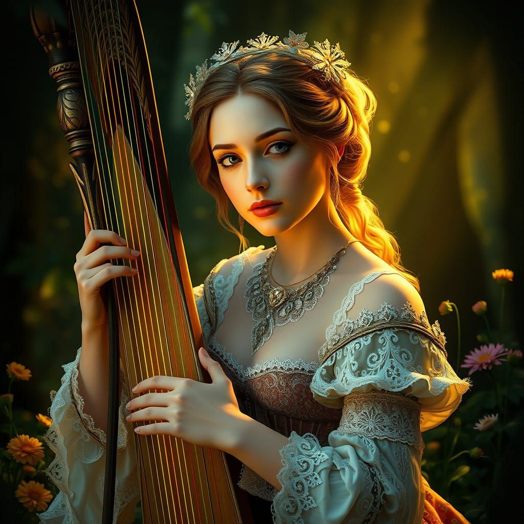 Ethereal Renaissance Woman Plays Harp in Lush Forest