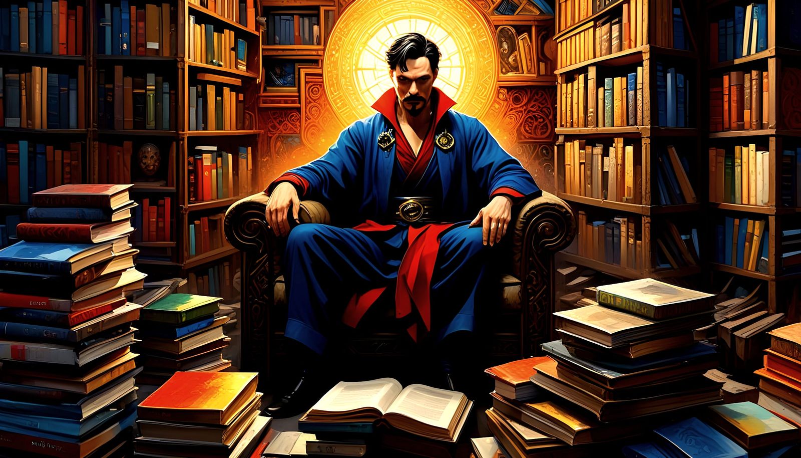 Dr. Strange Amidst Cubes of Books in Neo-Impressionist Style