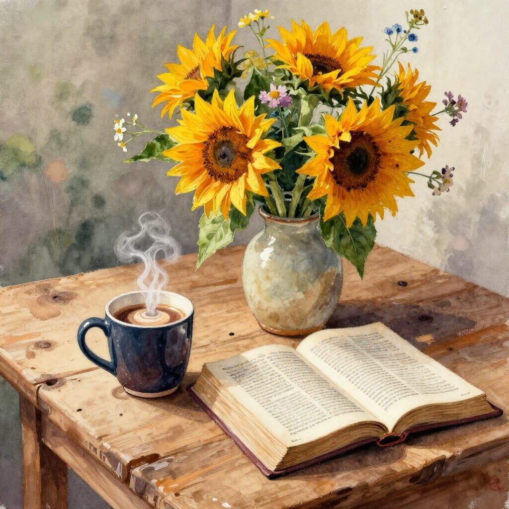 Watercolor Scene: Coffee, Sunflowers, and Open Bible