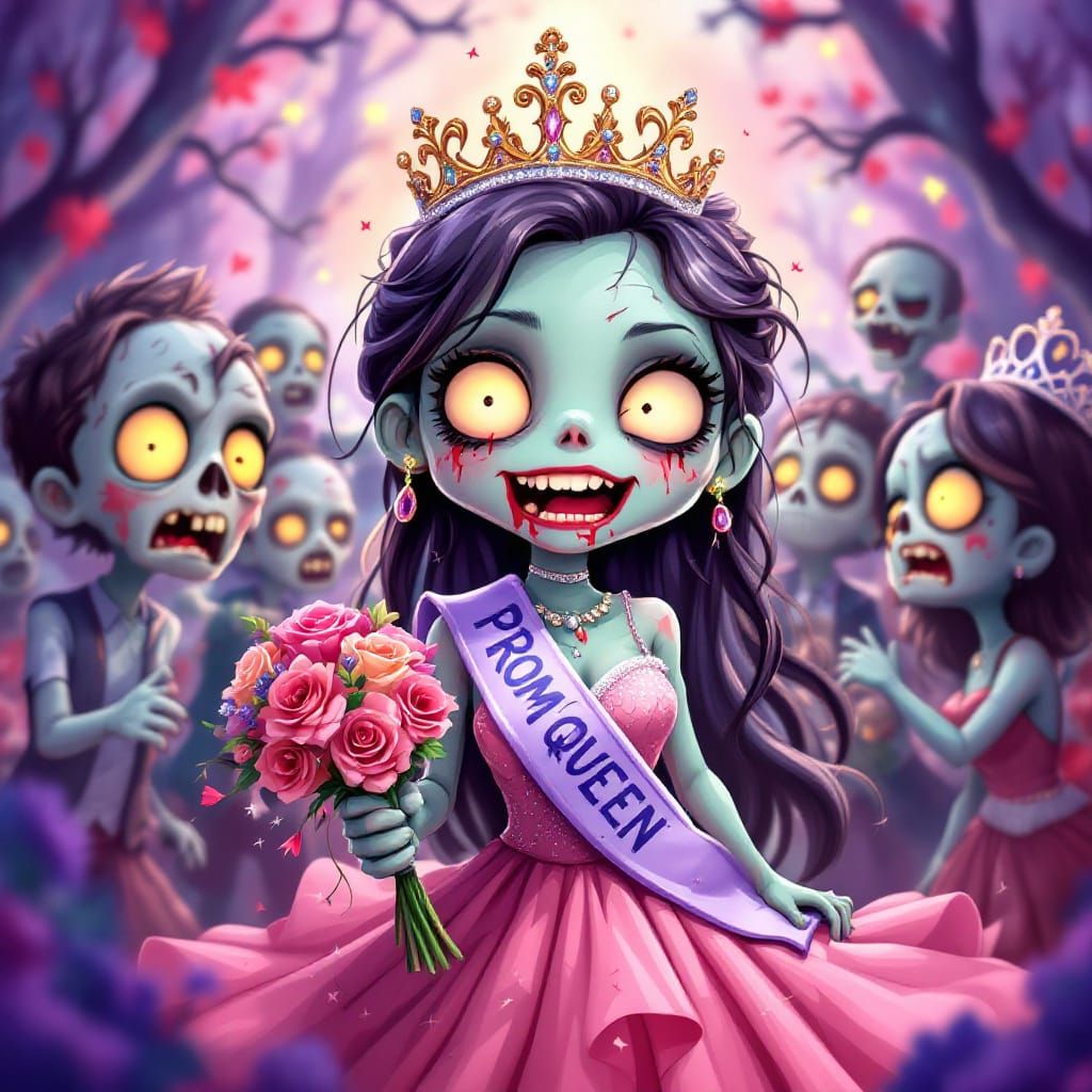 Zombie Prom Queen in Whimsical Anime Style