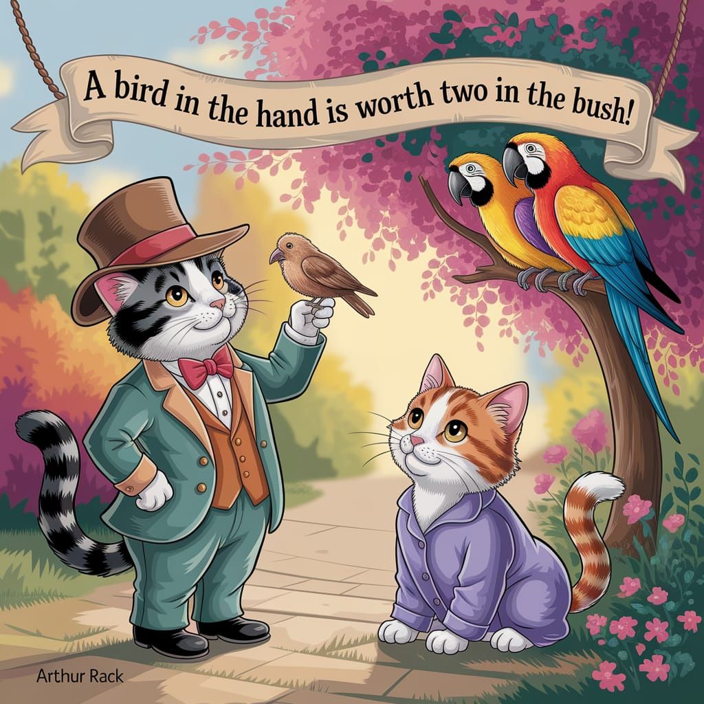 Humorous Fable: A Bird in Hand, Storybook Illustration
