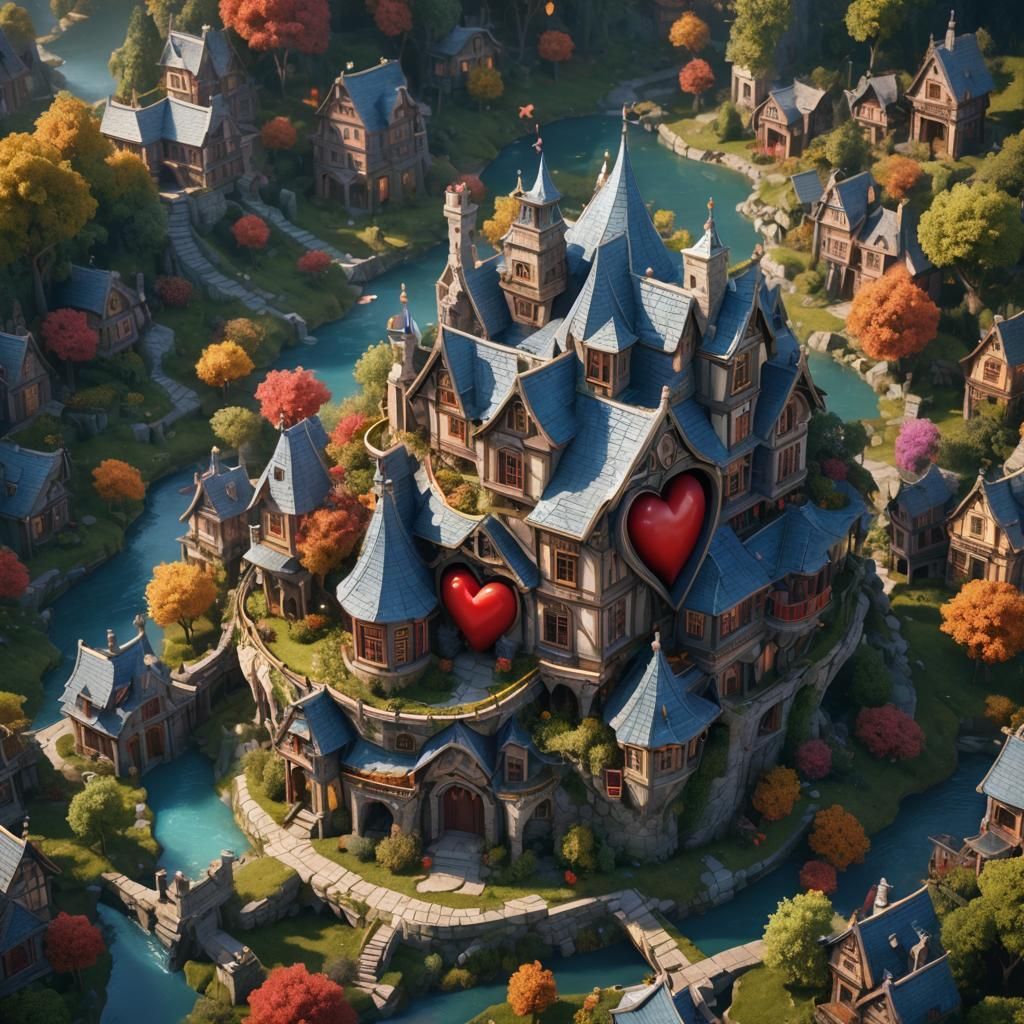 Heart-Shaped House in Detailed Matte Painting Style