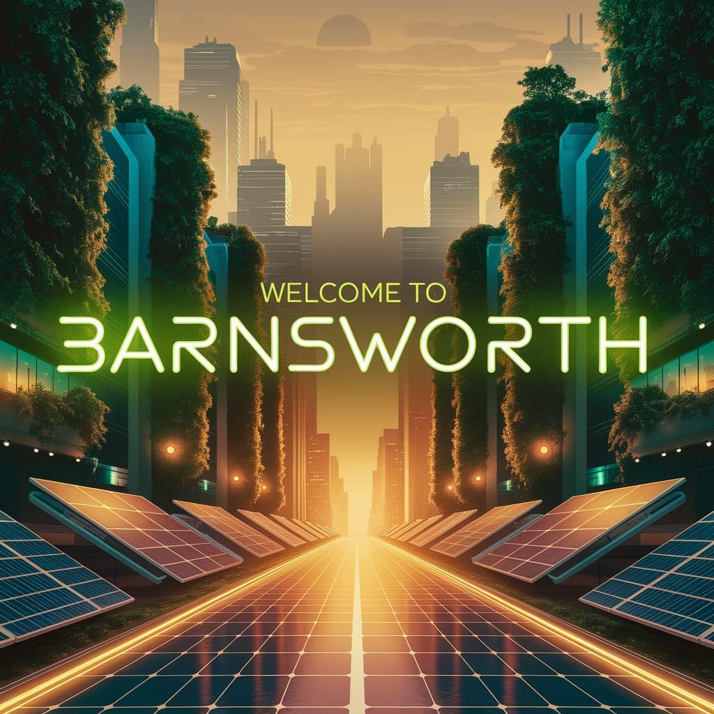 Solarpunk Cityscape at Dusk: Welcome to Barnsworth