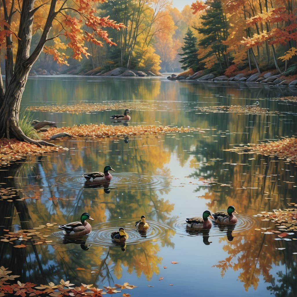 Photorealistic Lakeside View with Autumn Colors
