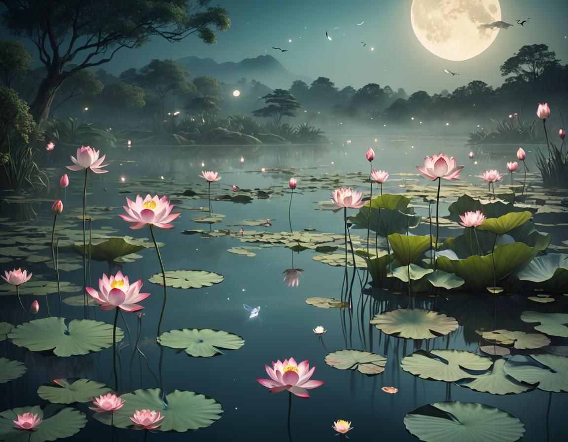 Night Pond with Lotus Flowers: Surreal Digital Art