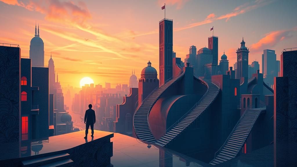 Dreamlike Cityscape with Levitating Staircases in Escher Sty...