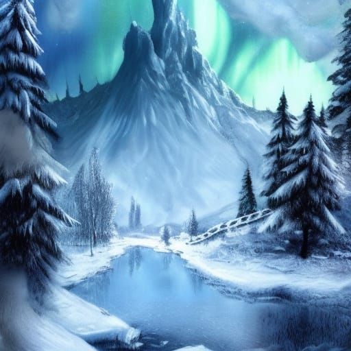 Mystical Snowy Skyrim Winter Wonderland Illustration
