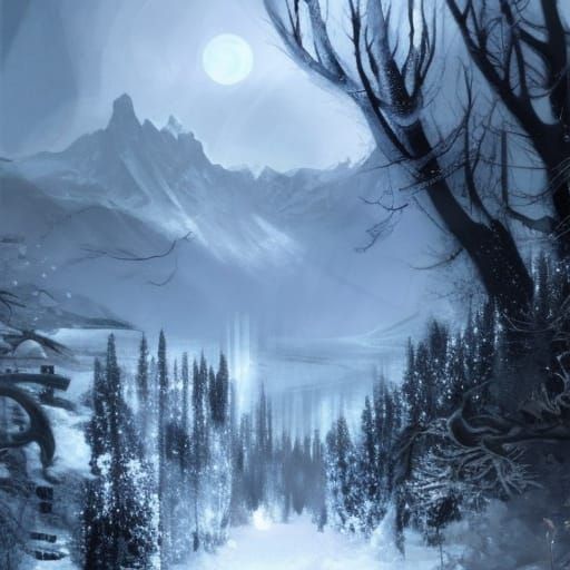 Mystical Snowy Skyrim Landscape in Digital Art