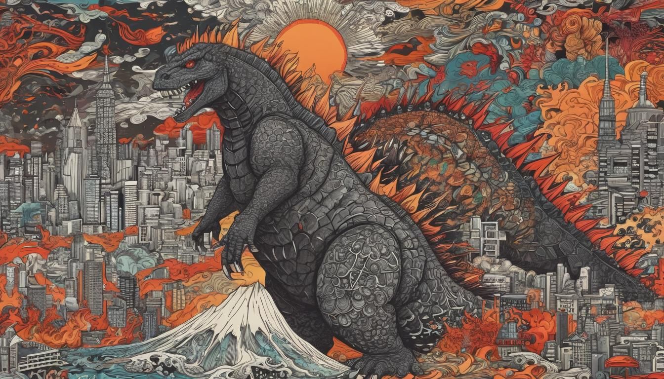 Godzilla Zentangle Art: Tokyo in Flames