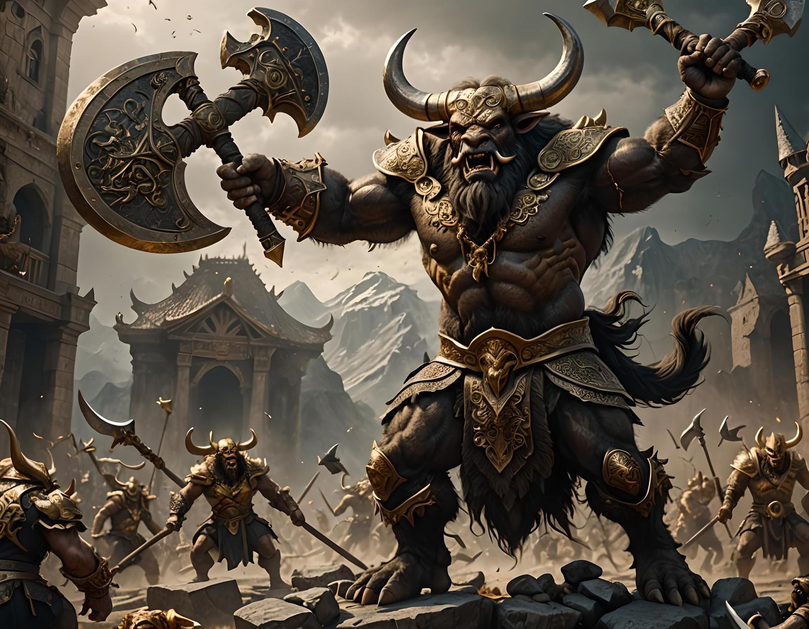 Minotaur with Gold Horns Swinging Battle-Axe