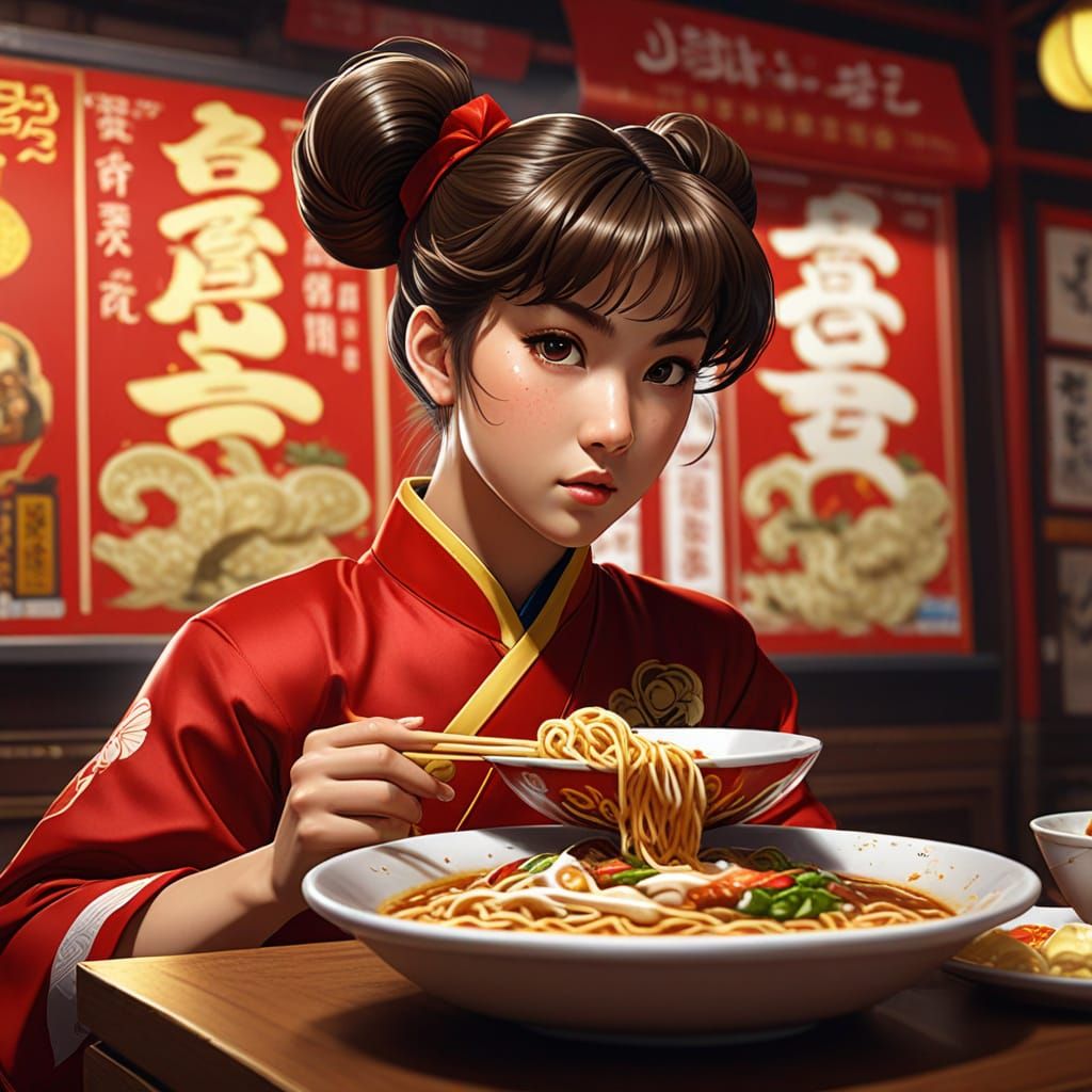 Chun Li Eating Ramen: Classic Anime Style