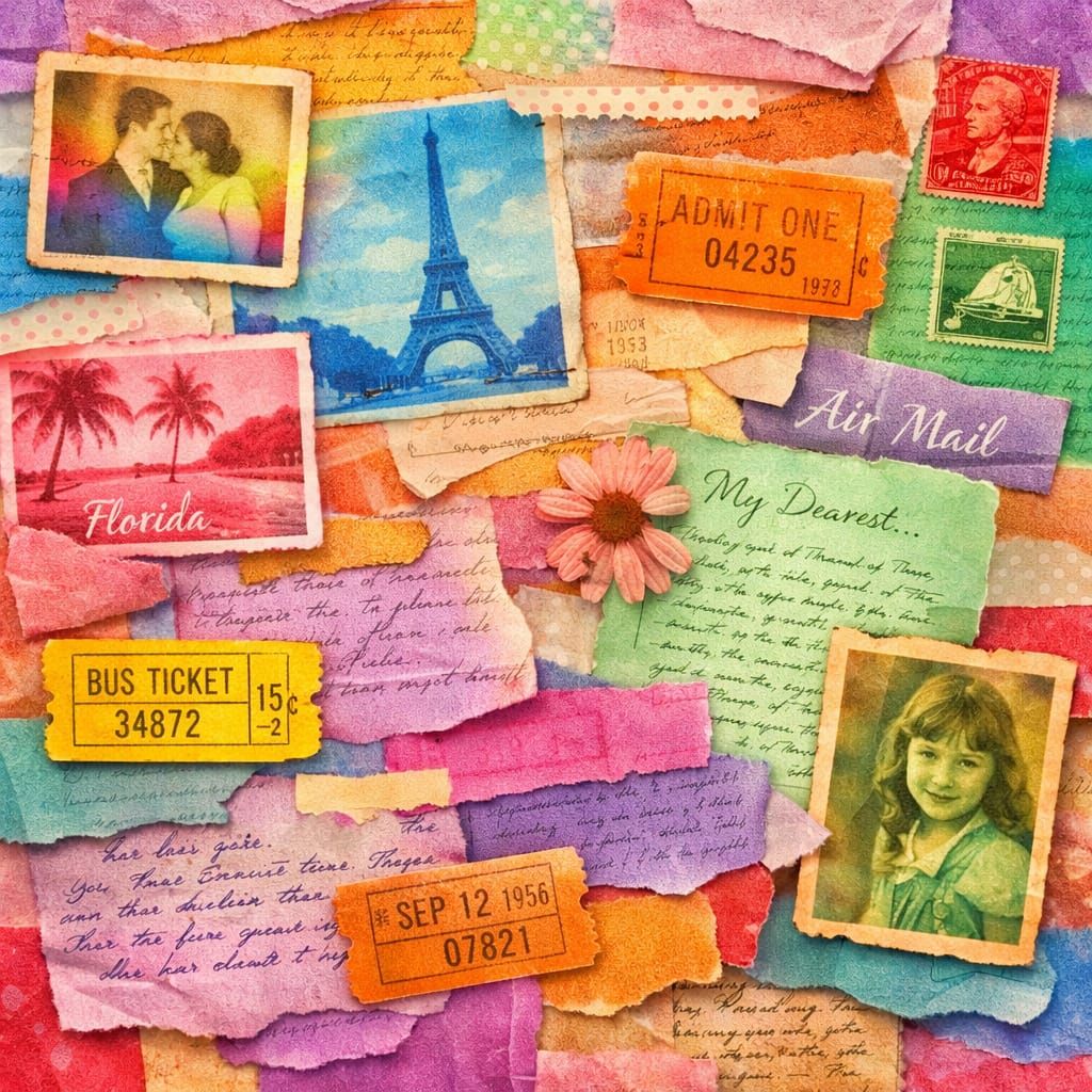 Abstract Collage of Overlapping Memories in Vibrant Hues