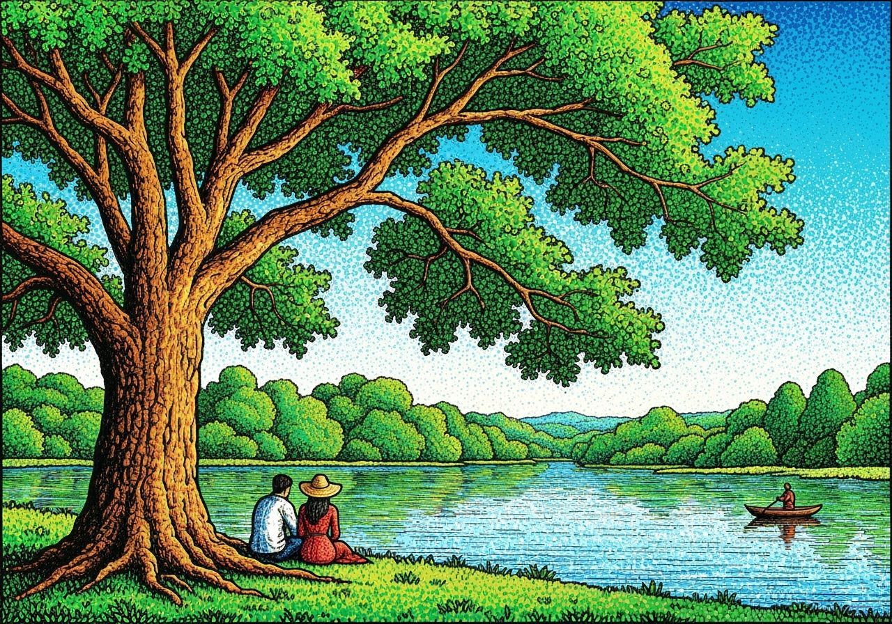 Pointillist Landscape with Tree and Lake