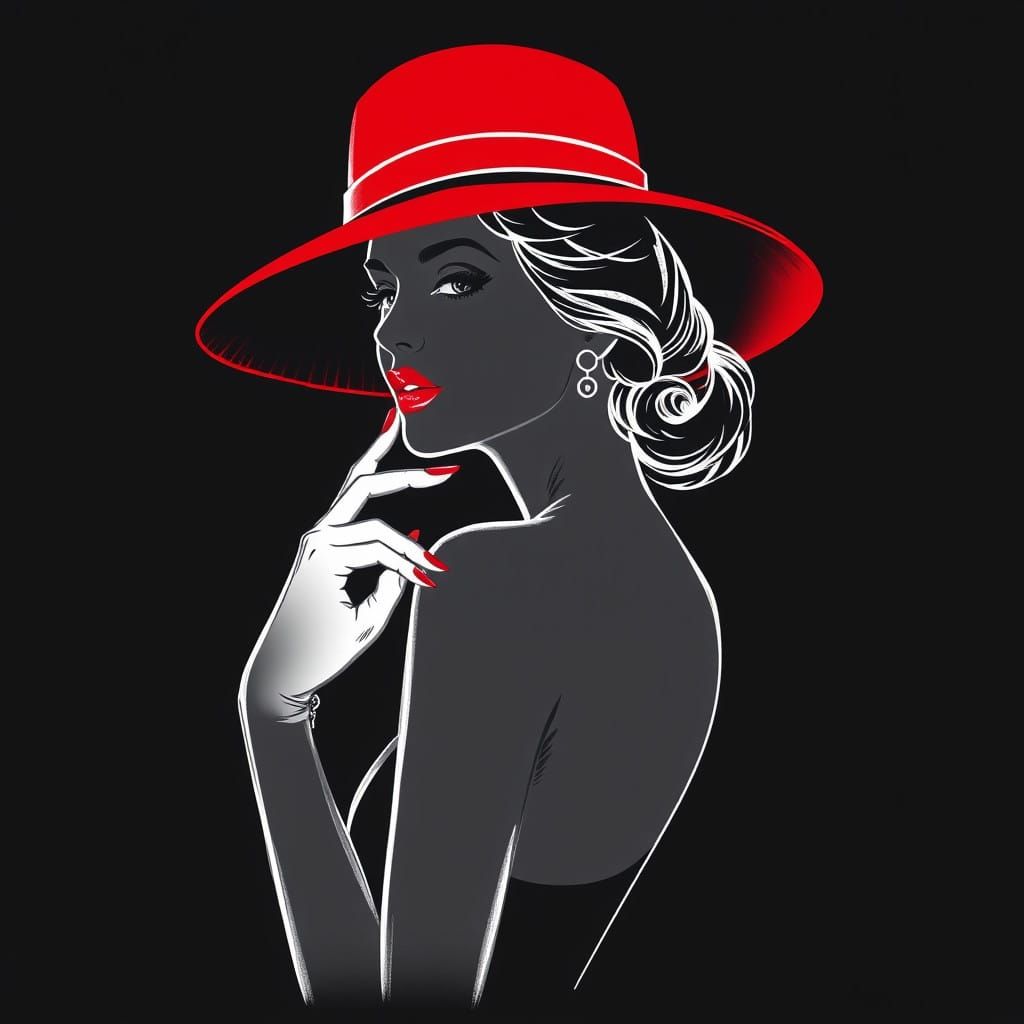 Elegant Lady in Red Hat and Lipstick, Pencil Silhouette Fash...