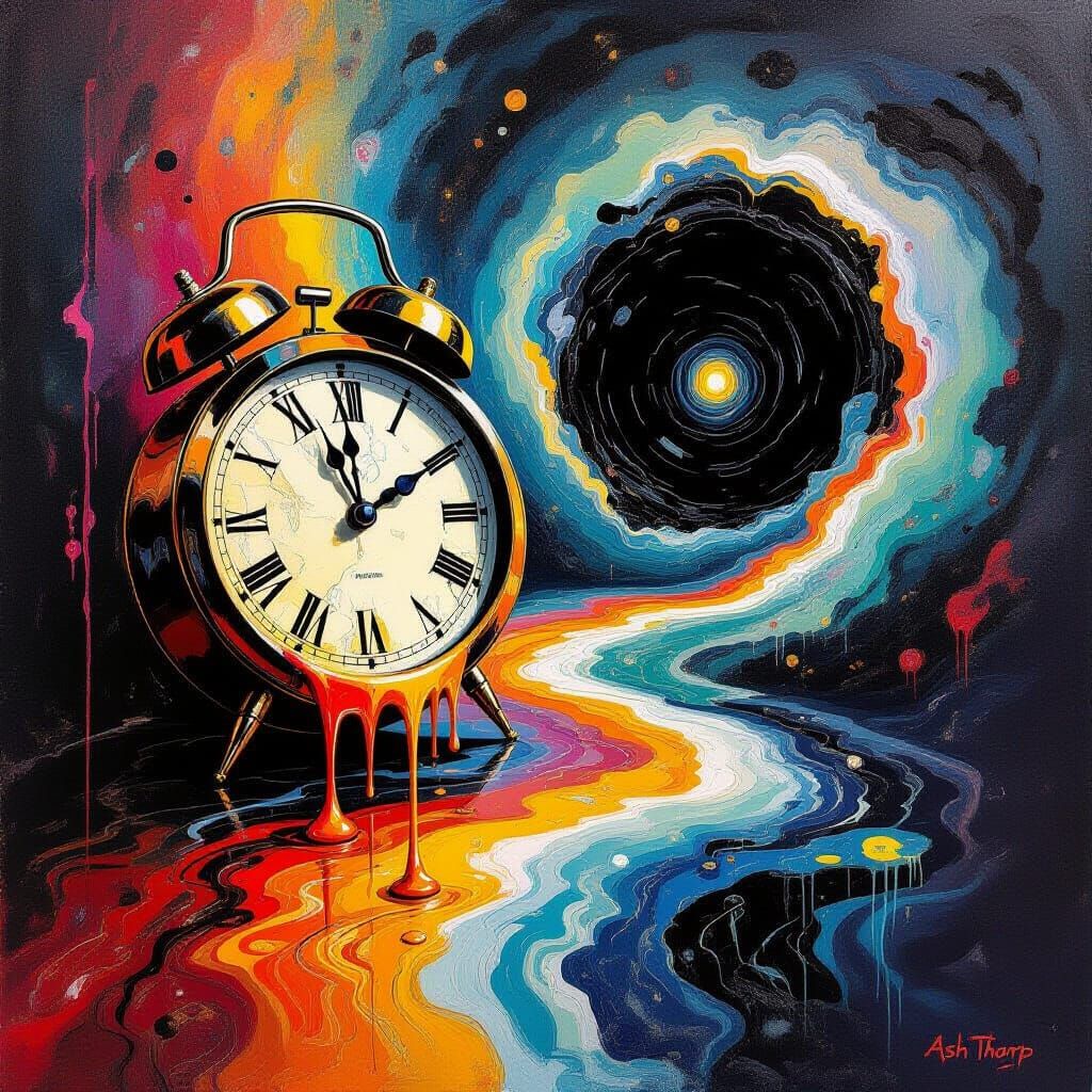 Surreal Melting Clocks and Black Holes, Dreamlike Scene
