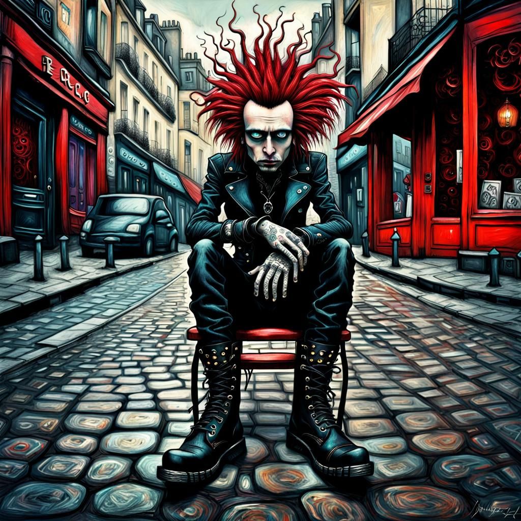 Gothic Punk Rocker in Paris Cafe