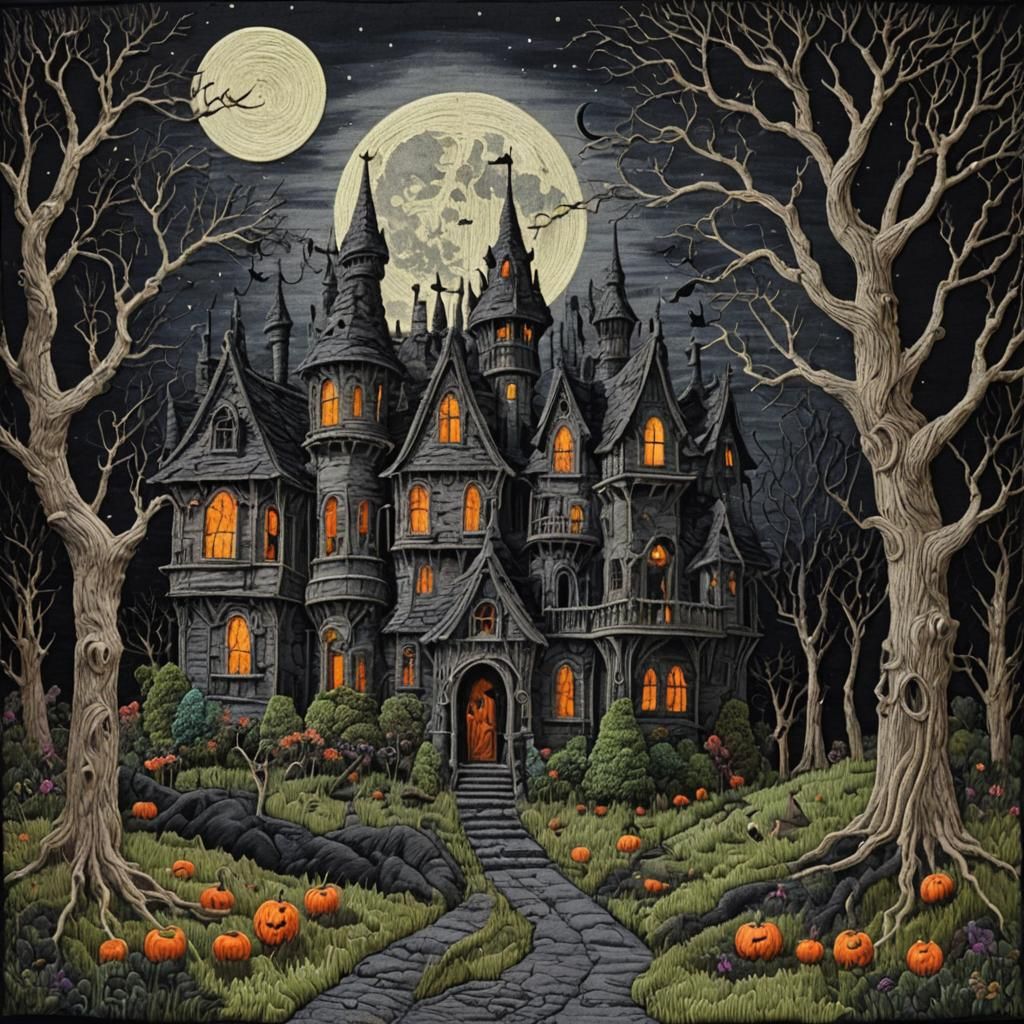 Creepy Haunted Castle Tapestry in Eerie Moonlit Grove
