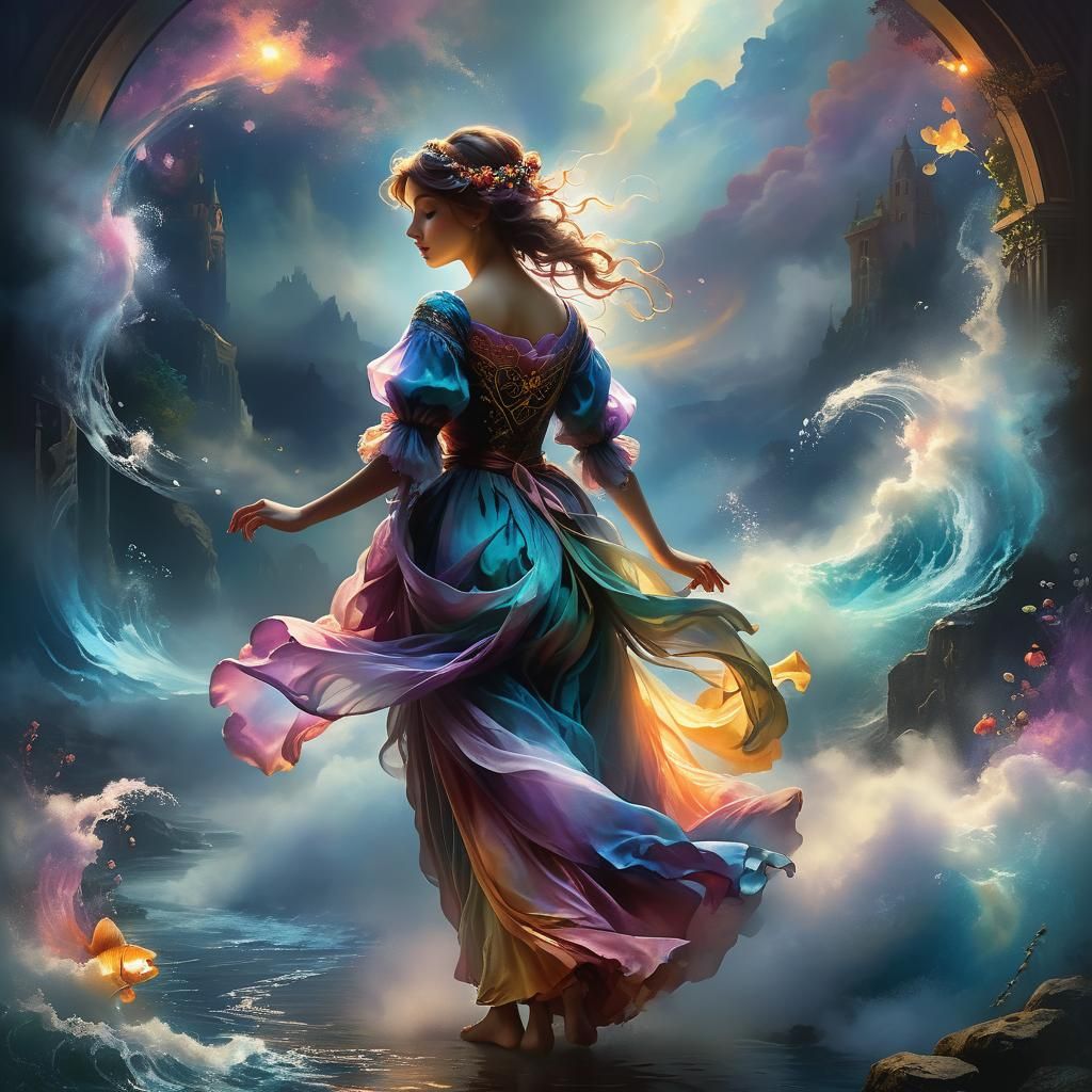 Figure Entering Mist: Vibrant Digital Renaissance Art