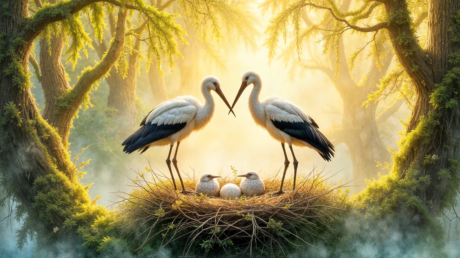 Storks Creating Heart Shape in Enchanted Forest