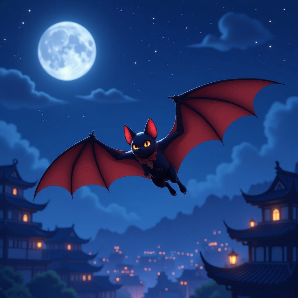 3D Anime Bat Soaring Through Night Sky