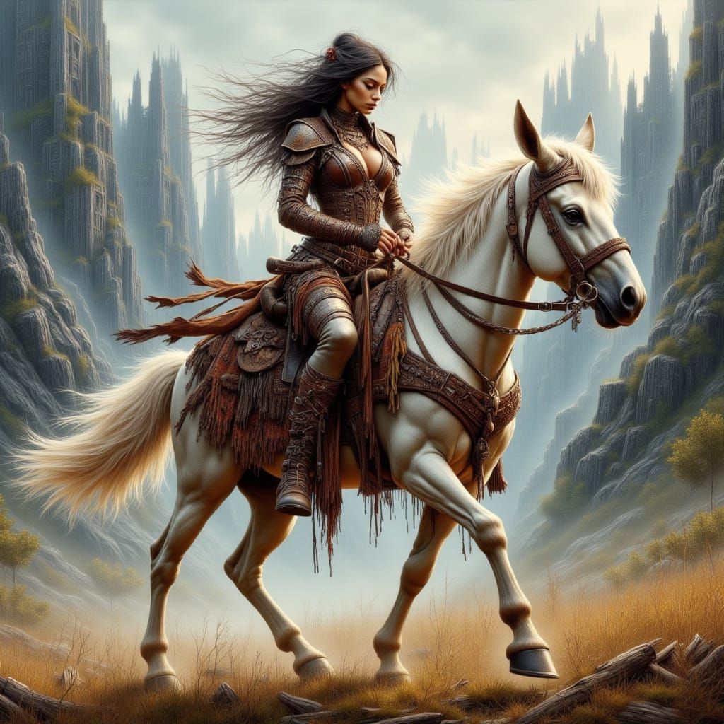 Elf Riding Mule in Windswept Landscape as Oil Painting