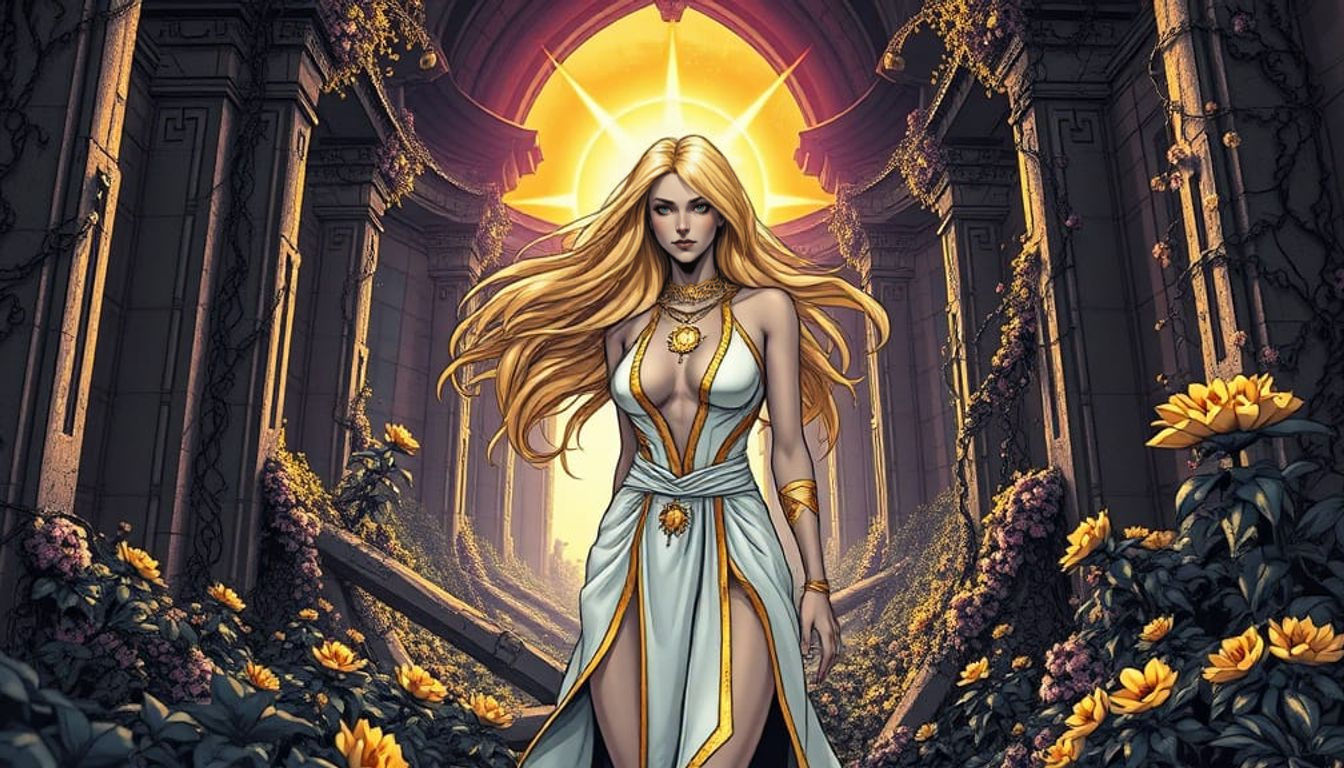 Sun Witch in Ruined Temple, Comic Book Style