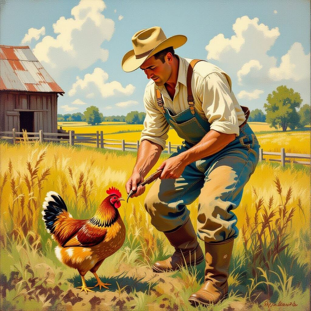 Man Hunts Chicken on Sunny Farm in Rockwell Style